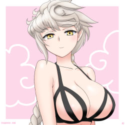 Rule 34 | 1girl, alternate costume, asymmetrical hair, blush, braid, braided ponytail, breasts, buttons, cypress, kantai collection, large breasts, long hair, single braid, smile, solo, twitter username, unryuu (kancolle), upper body, very long hair, white hair, yellow eyes