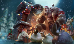 Rule 34 | 2boys, abs, beard, blurry, blurry background, boots, box, braum (league of legends), cape, christmas, christmas ornaments, crowgod, facial hair, gift, gift box, gloves, hat, highres, horns, jewelry, league of legends, leather, leather pants, light, light rays, looking to the side, male focus, manly, mature male, multiple boys, muscular, muscular male, necklace, no shirt, official art, open mouth, outdoors, pants, pectorals, pine tree, poro (league of legends), reading, santa braum, santa costume, santa hat, snow, snowing, tongue, tongue out, tree, wood