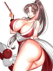 Rule 34 | 1girl, ass, bad anatomy, bbbammmi, blush, breasts, brown eyes, brown hair, cleavage, closed mouth, curvy, fatal fury, huge breasts, japanese clothes, kimono, long hair, looking at viewer, parted bangs, ponytail, shiranui mai, sleeveless, sleeveless kimono, smile, thick thighs, thighs