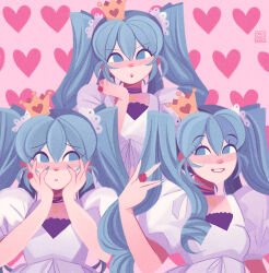 Rule 34 | :o, aqua eyes, aqua hair, black choker, blouse, blush, choker, crown, emmyluvscookies, flower, flower ring, grin, hair between eyes, hair ribbon, tucking hair, hands on own cheeks, hands on own face, hatsune miku, heart, heart background, highres, looking at viewer, mini crown, multiple views, no lineart, pink background, puffy short sleeves, puffy sleeves, red flower, red rose, ribbon, ringlets, rose, shirt, short sleeves, sidelocks, sideways glance, smile, twintails, vocaloid, white ribbon, white shirt, world is mine (vocaloid)