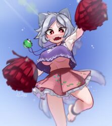 Rule 34 | 1girl, animal ears, barefoot, breasts, cheerleader, commentary request, crop top, crop top overhang, dog ears, dog tail, fangs, frilled skirt, frills, grey hair, highres, large breasts, midriff, mitsugashira enoko, multicolored hair, multiple tails, open mouth, pink skirt, pom pom (cheerleading), purple shirt, red eyes, shirt, short sleeves, skirt, solo, tail, touhou, two-tone hair, underboob, white hair, zakozako y