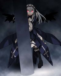 Rule 34 | 00s, boots, dress, frills, hairband, kakashichi, knee boots, long hair, peeking out, pink eyes, rozen maiden, silver hair, solo, suigintou, wings