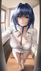 Rule 34 | 1girl, artist name, bare legs, between breasts, blue choker, blue eyes, blue hair, blue ribbon, bow, bow earrings, breasts, choker, closed mouth, collarbone, commentary, doorway, earrings, easonx, english commentary, fang, feet, hair between eyes, hair intakes, highres, hololive, hololive english, indoors, jewelry, large breasts, legs, looking at viewer, ouro kronii, partially unbuttoned, pov doorway, ribbon, sandals, shirt, short hair, slippers, solo, standing, thighs, toenails, toes, virtual youtuber, wavy mouth, white footwear, white shirt