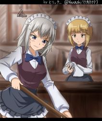 Rule 34 | 10s, 1girl, angry, apron, artist name, bartender, black apron, black bow, black bowtie, blonde hair, blue eyes, blunt bangs, blurry, blurry background, bow, bowtie, broom, brown vest, closed mouth, commentary, cosplay, cutlass (girls und panzer), cutlass (girls und panzer) (cosplay), depth of field, dress shirt, frilled apron, frills, frown, girls und panzer, glass, holding, holding broom, itsumi erika, letterboxed, long hair, long sleeves, looking at another, maid headdress, miniskirt, one-hour drawing challenge, pleated skirt, rag, school uniform, shirt, short hair, signature, silver hair, sketch, skirt, solo, squiggle, standing, sweatdrop, twitter username, v-shaped eyebrows, vest, waist apron, wavy mouth, white shirt, white skirt, wing collar, wiping, yellow eyes, zanntetu