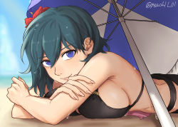 Rule 34 | 1girl, beach, beach umbrella, bikini, black bikini, blue eyes, blue hair, breasts, byleth (female) (fire emblem), byleth (female) (summer) (fire emblem), byleth (fire emblem), closed mouth, commentary, crossed arms, day, fire emblem, fire emblem: three houses, fire emblem heroes, flower, hair flower, hair ornament, hibiscus, highres, large breasts, looking at viewer, lying, nintendo, official alternate costume, on stomach, outdoors, peach11 01, short hair, sideboob, smile, solo, string bikini, swimsuit, twitter username, umbrella, upper body, wet