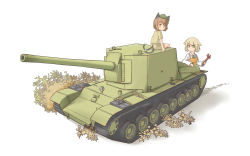 Rule 34 | 2girls, animal ears, blonde hair, borisx, brown eyes, brown hair, cannon, cat ears, cat tail, chen, grass, green eyes, hat, highres, military, military vehicle, motor vehicle, multiple girls, multiple tails, on vehicle, original, short hair, tail, tank, touhou, turret, vehicle, wrench