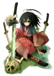 Rule 34 | 1girl, armor, barefoot, black hair, blood, blood on face, dirty, feet, grass, japanese clothes, katana, kimono, original, senhappyaku, simple background, skull, smile, solo, sword, toes, torn clothes, weapon