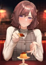 Rule 34 | 1girl, absurdres, blurry, blurry background, blurry foreground, blush, depth of field, food, foreshortening, hair ornament, hairpin, half updo, highres, higuchi madoka, idolmaster, idolmaster shiny colors, incoming food, indoors, looking at viewer, mole, mole under eye, mr2d, nail polish, plaid, plaid vest, pov, pudding, red hair, restaurant, sitting, solo, sweatdrop, sweater, upper body, vest, wavy hair, white sweater