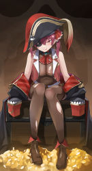 Rule 34 | 1girl, :p, absurdres, black hat, black jacket, boots, breasts, brown footwear, brown legwear, cleavage, coin, commentary request, covered navel, eyepatch, gold, hair ribbon, hat, highres, hololive, houshou marine, jacket, large breasts, long sleeves, looking at viewer, pirate hat, red eyes, red ribbon, ribbon, see-through, see-through cleavage, short hair, sitting, sleeves past fingers, sleeves past wrists, solo, tongue, tongue out, twintails, virtual youtuber, yuuzuki (re&#039;ef)