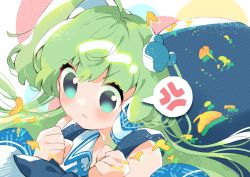 Rule 34 | 1girl, absurdres, anger vein, bare shoulders, blue bow, blue shirt, blush, bow, clenched hands, closed mouth, collared shirt, commentary request, detached sleeves, frog hair ornament, frown, green eyes, green hair, hair ornament, hair tubes, highres, holding, kochiya sanae, long hair, looking at viewer, mikako chan3, shirt, single hair tube, sleeveless, sleeveless shirt, solo, speech bubble, touhou, two-tone shirt, upper body, white shirt, wide sleeves, wing collar
