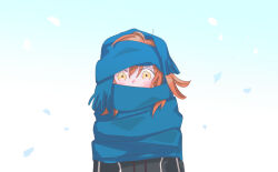 Rule 34 | 1girl, blue scarf, blush, commentary request, covered mouth, fate/grand order, fate (series), fujimaru ritsuka (female), fujimaru ritsuka (female) (polar chaldea uniform), official alternate costume, oneroom-disco, orange eyes, orange hair, scarf, scarf over mouth, solo, upper body