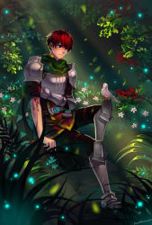 Rule 34 | 1boy, adol christin, arm grab, armor, bird, blood, boots, falcom, flower, gauntlets, gloves, greaves, injury, kamikanomi, knight, male focus, nature, pants, purple eyes, red hair, scarf, shoulder pads, single glove, sitting, smile, solo, warrior, ys