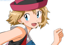 Rule 34 | 1girl, artist name, blue eyes, blue ribbon, blush, clenched hand, commentary request, creatures (company), dated, eyelashes, game freak, hand up, hat, kibisakura2, light brown hair, looking back, nintendo, open mouth, pokemon, pokemon (anime), pokemon xy (anime), purple hat, ribbon, serena (pokemon), short hair, simple background, sleeveless, smile, solo, tongue, white background