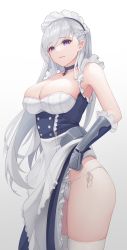Rule 34 | 1girl, apron, azur lane, belfast (azur lane), blue dress, braid, breasts, chain, choker, clothes lift, cowboy shot, dress, dress lift, frilled dress, frills, gauntlets, grey hair, half updo, highres, kojo (0124), large breasts, lipgloss, long hair, looking at viewer, maid headdress, panties, purple eyes, side-tie panties, simple background, skindentation, smile, solo, thighhighs, thighs, underwear, very long hair, waist apron, white apron, white background, white panties, white thighhighs