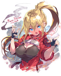 Rule 34 | 1girl, :o, armored core, armored core: master of arena, blonde hair, blue eyes, breasts, character name, commentary request, crop top, fingerless gloves, fujishima-sei ichi-gou, gloves, hair between eyes, hashtag, highres, lana nielsen, large breasts, long hair, looking at viewer, pointing, ponytail, smoke trail, solo, v-shaped eyebrows, white background