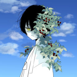 1boy black_hair blue_background blue_sky cloud cloudy_sky food from_side fruit leaf limbus_company looking_at_viewer male_focus monster_boy neck_ribbon plant_boy project_moon ribbon short_hair sky solo yellow_eyes yi_sang_(project_moon) ytjl8