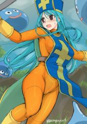 Rule 34 | 1girl, asaga aoi, blue hair, blue headwear, bodysuit, breasts, brown eyes, covered erect nipples, cross, dragon quest, dragon quest iii, elbow gloves, gloves, grass, hair between eyes, hat, large breasts, long hair, mitre, open mouth, orange bodysuit, priest (dq3), slime (dragon quest), straight hair, tabard, twitter username, v-shaped eyebrows, yellow footwear, yellow gloves