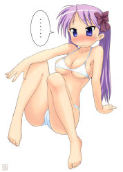 Rule 34 | ..., 00s, 1girl, arm support, barefoot, bikini, blue eyes, blush, bow, breasts, cameltoe, cleavage, collarbone, covered erect nipples, feet, full body, hair bow, hiiragi kagami, homunculus (alchemynote), long hair, lucky star, medium breasts, purple hair, simple background, sitting, solo, spoken ellipsis, sweat, sweatdrop, swimsuit, toes, tsurime, twintails, underboob, white background, white bikini