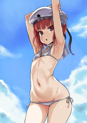 Rule 34 | 10s, 1girl, armpits, arms up, asanagi, belly, beret, bikini, blue sky, blunt bangs, bow, brown eyes, brown hair, character name, clothes writing, cloud, colored eyelashes, contrapposto, cowboy shot, day, flat chest, groin, hair bow, hat, highres, kantai collection, looking at viewer, lowleg, lowleg bikini, navel, open mouth, outdoors, sailor bikini, sailor collar, short hair, side-tie bikini bottom, sky, smiley face, solo, standing, striped, striped bow, swimsuit, white bikini, white hat, wide hips, z3 max schultz (kancolle)