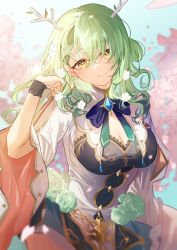 Rule 34 | absurdres, antlers, blue sky, blurry, blurry background, braid, branch, breasts, ceres fauna, cherry blossoms, cleavage, dress, green hair, hand in own hair, highres, hololive, hololive english, horns, large breasts, leaf, looking at viewer, marimo (nogdujeon), medium hair, sky, smile, tree, virtual youtuber, wavy hair, yellow eyes