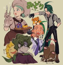 Rule 34 | 1boy, 3girls, :d, ahoge, ascot, black gloves, black hair, black necktie, black pants, brassius (pokemon), brown footwear, brown skirt, buttons, clenched hand, closed mouth, commentary, creatures (company), dugtrio, fingerless gloves, frown, game freak, gen 1 pokemon, gen 2 pokemon, gloves, green hair, grey shirt, hand up, hat, heart, highres, holding, holding tongs, holding tray, jacket, jinkichi, katy (pokemon), long hair, multiple girls, necktie, nemona (pokemon), nintendo, on head, open mouth, pants, pawmi, pokemon, pokemon (creature), pokemon on head, pokemon sm, pokemon sv, ponytail, rika (pokemon), shirt, shoes, short hair, short sleeves, skirt, smile, sunflora, suspenders, symbol-only commentary, teeth, tongs, tray, venonat