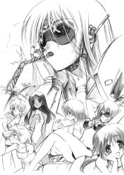 Rule 34 | 6+girls, bikini, breasts, copyright request, giant, giantess, greyscale, hands on own face, highres, long hair, looking at viewer, monochrome, multiple girls, open mouth, senomoto hisashi, short hair, smile, swimsuit