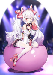 Rule 34 | 1girl, ;o, absurdres, animal ears, azur lane, ball, bare shoulders, between legs, black choker, black ribbon, blurry, blurry background, blush, bow, breasts, choker, cleavage, collarbone, commentary request, crop top, depth of field, detached sleeves, exercise ball, fake animal ears, frilled skirt, frills, full body, hair between eyes, hair bow, hairband, hand between legs, headset, heart, high heels, highres, laffey (azur lane), laffey (bunny idol @unmotivated) (azur lane), long hair, long sleeves, miniskirt, mo xiaoxue, one eye closed, pantyhose, parted lips, plaid, plaid bow, plaid skirt, pleated skirt, rabbit ears, red bow, red eyes, red footwear, red hairband, red skirt, ribbon, ribbon choker, silver hair, sitting, skirt, small breasts, solo, stage lights, thighband pantyhose, twintails, v, very long hair, white pantyhose
