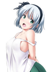 Rule 34 | 1girl, adapted costume, arched back, arms behind back, bare shoulders, bdsm, black hairband, black ribbon, blush, bondage, bound, bound arms, breasts, collarbone, commentary request, green eyes, hair ribbon, hairband, head tilt, highres, konpaku youmu, looking at viewer, no bra, nori tamago, open mouth, ribbon, short hair, silver hair, simple background, small breasts, solo, standing, strap slip, sweat, tank top, touhou, upper body, white background