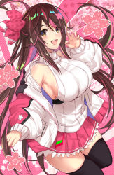 Rule 34 | 1girl, bare shoulders, black thighhighs, blush, breasts, brown hair, cherry blossoms, flower, hair flower, hair ornament, halterneck, hand up, highres, jacket, large breasts, long hair, long sleeves, looking at viewer, miniskirt, multicolored hair, nail polish, off shoulder, open clothes, open jacket, open mouth, original, paw pose, pink hair, pink nails, pink skirt, pleated skirt, sideboob, sidelocks, skirt, smile, solo, streaked hair, thighhighs, untue, yellow eyes