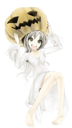 Rule 34 | 1girl, arms up, barefoot, borrowed character, brown eyes, character request, dress, grey hair, helmet, holding, holding helmet, jack-o&#039;-lantern, legs, long hair, looking at viewer, open mouth, original, pigeon-toed, poaro, pumpkin, pumpkin hat, removing helmet, smile, solo, v-neck, white dress