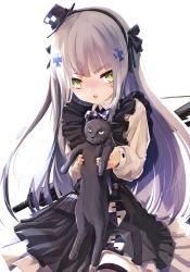 Rule 34 | 1girl, animal, assault rifle, black bow, black cat, black dress, black hairband, blouse, blush, bow, brown thighhighs, cat, collared shirt, commentary request, dress, facial mark, girls&#039; frontline, green eyes, gun, h&amp;k hk416, hair bow, hair ornament, hairband, hat, heckler &amp; koch, highres, hk416 (black kitty&#039;s gift) (girls&#039; frontline), hk416 (girls&#039; frontline), holding, holding animal, long hair, long sleeves, mini hat, name connection, nekoya (liu), nose blush, object namesake, official alternate costume, parted lips, purple headwear, revision, rifle, shirt, signature, simple background, sleeveless, sleeveless dress, solo, teeth, thighhighs, tilted headwear, upper teeth only, very long hair, weapon, weapon on back, white background, white shirt