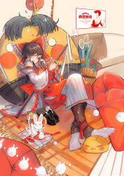 Rule 34 | 1girl, absurdres, ascot, bamboo, black footwear, bow, brown hair, chinese commentary, closed eyes, commentary, confetti, cushion, detached sleeves, facing viewer, flower, frilled bow, frilled hair tubes, frilled sleeves, frills, full body, gohei, hair bow, hair tubes, hakama, hakurei reimu, highres, holding, holding gohei, japanese clothes, long hair, mat, parted lips, poster (object), red bow, red flower, red skirt, red vest, ribbon-trimmed sleeves, ribbon trim, shoes, unworn shoes, sidelocks, skirt, skirt set, sleeping, socks, solo, stuffed animal, stuffed toy, touhou, vest, white hakama, white sleeves, white socks, wide sleeves, xiuchundao, yellow ascot