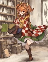 Rule 34 | 1girl, ahoge, apron, bell, blush, book, bookshelf, boots, brown footwear, checkered clothes, checkered kimono, checkered shirt, clothes writing, dropping, glasses, green skirt, hair bell, hair ornament, highres, holding, holding book, japanese clothes, kimono, long sleeves, motoori kosuzu, open mouth, orange hair, red eyes, shirt, short hair, skirt, sweatdrop, touhou, twintails, two side up, wide sleeves, yanyan (shinken gomi), yellow apron