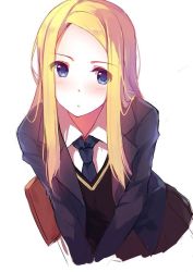 Rule 34 | 1girl, bag, blazer, blonde hair, blue eyes, blush, caidychen, collar, emma (caidychen), jacket, long hair, looking at viewer, necktie, original, parted bangs, pleated skirt, school uniform, simple background, skirt, solo, sweater vest, upper body, white background
