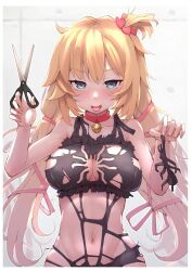 Rule 34 | absurdres, akai haato, animal print, blonde hair, blue eyes, blush, breasts, bug, collar, heart, highres, holding, holding scissors, hololive, large breasts, lingerie, looking at viewer, mitsuru (pixiv 34028718), navel, red ribbon, ribbon, scissors, spider, spider cutout, spider print, tongue, tongue out, underwear, virtual youtuber