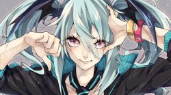 Rule 34 | 1girl, bad id, bad twitter id, blue hair, bracelet, closed mouth, grey background, hands up, jewelry, looking at viewer, necktie, original, red eyes, samei ikusa, sleeves rolled up, smile, solo, twintails