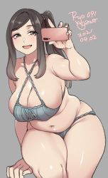 Rule 34 | 1girl, 2021, agawa ryou, belly, breasts, brown eyes, brown hair, cellphone, cleavage, curvy, dated, grey background, huge breasts, looking at viewer, original, phone, plump, ponytail, selfie, simple background, smartphone, smile, solo, thick thighs, thighs