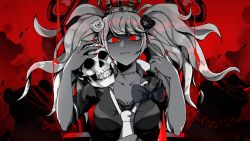 Rule 34 | 1girl, bear, bow, bra, breasts, cleavage, collarbone, crown, danganronpa: trigger happy havoc, danganronpa (series), enoshima junko, hands up, hat, highres, large breasts, long hair, milyoasis, nail polish, necktie, pink eyes, red background, red eyes, red nails, serious, shirt, short sleeves, skull, solo, top hat, twintails, underwear, upper body