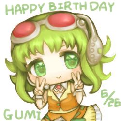 Rule 34 | 1girl, :&gt;, bare shoulders, belt, brooch, character name, chibi, commentary, cowboy shot, dated, double v, goggles, green eyes, green hair, gumi, hands up, happy birthday, headset, jewelry, layered skirt, orange shirt, orange skirt, red goggles, shirt, skirt, smile, solo, v, vocaloid, white background, yoruake hoshiko