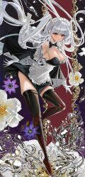 Rule 34 | 1girl, absurdly long hair, apron, azur lane, bare shoulders, black bow, black bowtie, black dress, boots, bow, bowtie, breasts, cleavage, dragon horns, dress, flower, frilled apron, frills, full body, gloves, highres, horns, large breasts, long hair, looking at viewer, maid, maid headdress, official alternate costume, purple flower, red eyes, shimanto (azur lane), shimanto (the comfy dragon god) (azur lane), solo, thigh boots, thighhighs, unwomagno, very long hair, waist apron, white apron, white flower, white gloves, white hair, zettai ryouiki