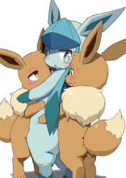 Rule 34 | 1girl, 2boys, blue eyes, blue fur, blue skin, blush, brown eyes, brown fur, brown hair, colored skin, commentary request, creatures (company), eevee, full body, furry, furry with furry, game freak, gen 1 pokemon, gen 4 pokemon, glaceon, group sex, highres, holding, kiori nezumi, mmf threesome, multiple boys, nintendo, no humans, open mouth, pokemon, pokemon (creature), simple background, sweat, threesome, white background, yellow eyes