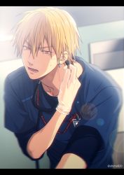 Rule 34 | 1boy, black shirt, blonde hair, blue shirt, blurry, collarbone, commentary request, depth of field, doctor, earrings, gloves, hair between eyes, holding, jewelry, kise ryouta, kuroko no basuke, latex, latex gloves, lens flare, letterboxed, looking at viewer, lower teeth only, male focus, mashima shima, open mouth, shirt, short hair, short sleeves, solo, stethoscope, sweat, teeth, twitter username, undershirt, upper body, yellow eyes