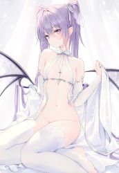Rule 34 | 1girl, absurdres, bare shoulders, closed mouth, expressionless, highres, long hair, looking at viewer, navel, no bra, no panties, no shoes, purple eyes, purple hair, rurudo, sitting, solo, stomach, thighhighs, twintails, very long hair, white thighhighs, wings
