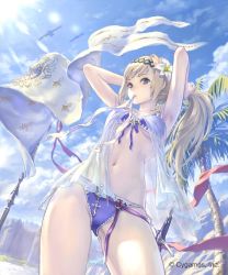 Rule 34 | 10s, 1girl, adjusting hair, armpits, arms up, beach, bikini, bird, blonde hair, blue bikini, blue eyes, blue sky, breasts, contrapposto, day, dutch angle, flag, flower, from below, front-tie top, hair flower, hair ornament, hisakata souji, jeanne d&#039;arc (shingeki no bahamut), long hair, mouth hold, navel, outdoors, palm tree, ponytail, ribbon, ribbon in mouth, shingeki no bahamut, sky, small breasts, solo, standing, sunlight, swimsuit, sword, tree, tying hair, underboob, watermark, weapon