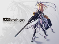 Rule 34 | 1girl, ammunition chute, ass, autocannon, blonde hair, butt crack, cannon, chain gun, english text, looking at viewer, looking back, m230 chain gun, mecha musume, nenchi, original, red eyes, solo, standing, two side up, zoom layer
