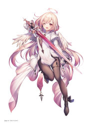 Rule 34 | 1girl, ankle boots, black bow, black footwear, black gloves, black pantyhose, bodystocking, boots, bow, earrings, fangs, floating hair, footwear bow, full body, gloves, half gloves, halo, highres, holding, holding sword, holding weapon, jewelry, komeshiro kasu, long hair, long sleeves, one eye closed, open mouth, original, pantyhose, pink eyes, pink hair, scan, shirt, sidelocks, simple background, smile, sword, weapon, white background, white shirt