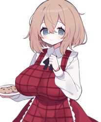 Rule 34 | 1girl, apron, black ribbon, blonde hair, blue eyes, breasts, clarevoir, collared shirt, cookie, food, frilled apron, frills, hair between eyes, hand up, happy, highres, holding, holding plate, large breasts, light blush, long sleeves, looking at viewer, original, pale skin, plaid, plaid apron, plate, red apron, red skirt, ribbon, shirt, short hair, simple background, skirt, smile, solo, white background, white shirt