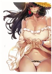 Rule 34 | 1girl, absurdres, blush, bracelet, breasts, brown hair, cleavage, clothes lift, collarbone, cowboy shot, dress, dress lift, flower, flower in mouth, gluteal fold, hat, highres, huge breasts, jewelry, lips, long hair, looking at viewer, marushin (denwa0214), mouth hold, navel, panties, rose, sidelocks, solo, straw hat, sun hat, underwear, white panties, wide hips, yellow eyes