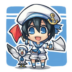 Rule 34 | 1girl, :d, anchor symbol, animal, bad id, bad pixiv id, bird, black hair, blue eyes, borrowed character, chibi, chroma000, chroma (chroma000), clothed animal, dress, flag, hat, holding, looking at viewer, open mouth, original, sailor dress, sailor hat, smile