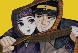 Rule 34 | 1boy, 1girl, ainu, ainu clothes, asirpa, black hair, blue eyes, brown eyes, cheek-to-cheek, commentary, golden kamuy, grin, hat, headband, heads together, japanese clothes, kimono, korean commentary, long hair, looking at another, military hat, military uniform, open mouth, purple headband, purple kimono, scar, scar on face, scarf, shared clothes, shared scarf, short hair, smile, spiked hair, sugimoto saichi, uniform, upper body, yellow background, yellow scarf, yongsa (y0ngs4)